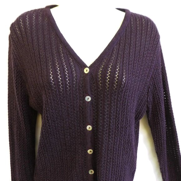 Vintage Sweaters - Vintage Plum Cardigan Open Knitted Crocheted Shell Buttons V Neck Granny USA M
